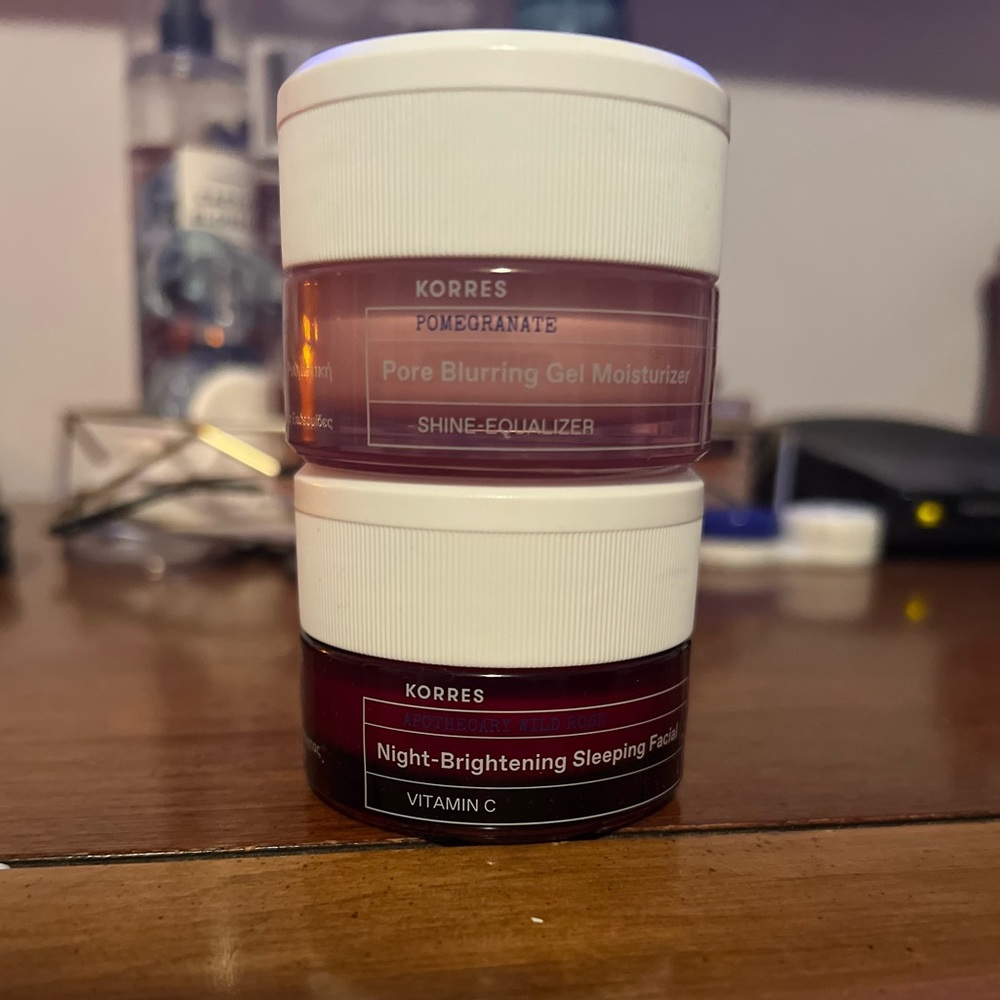 Korres pore blurring mosturizer and korres night brightening sleeping facial